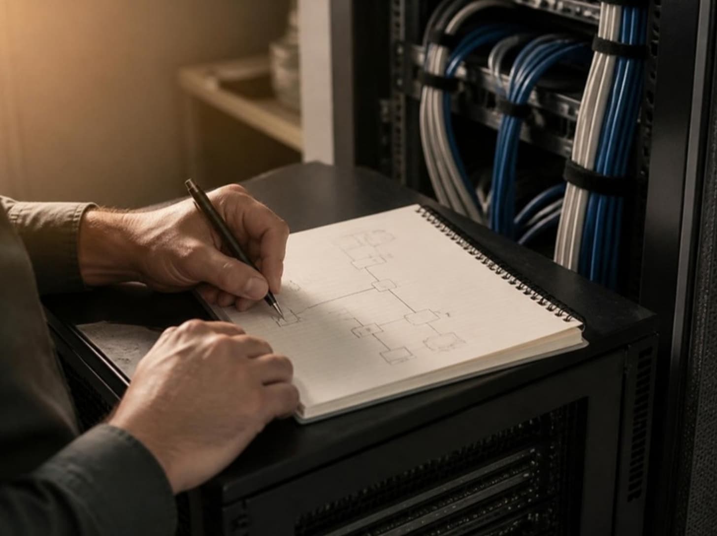 An engineer writing notes on top of a server rack